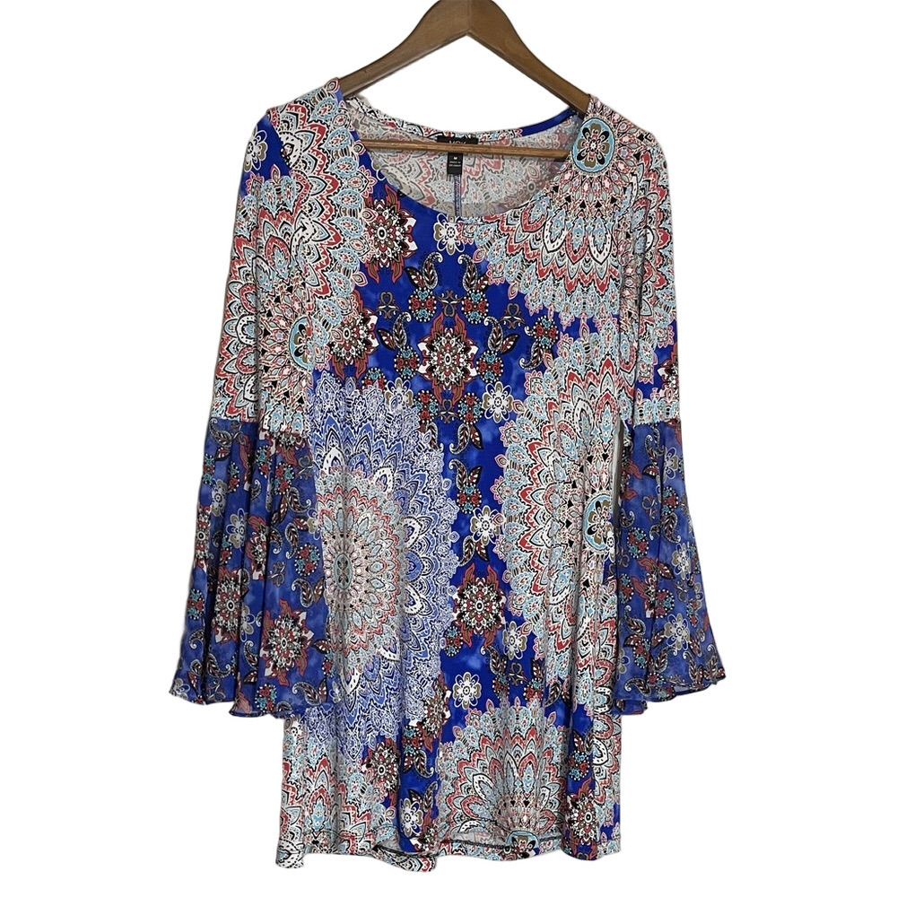 MSK Blue and Red Patterned Women's Bell Sleeve Tunic Blouse Medium